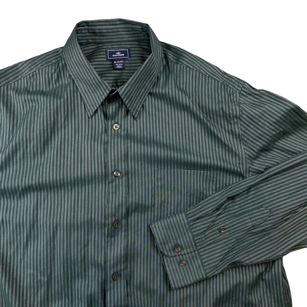 Dockers Mens XL Green Stripe Long Sleeve Button Up Shirt 100 Cotton